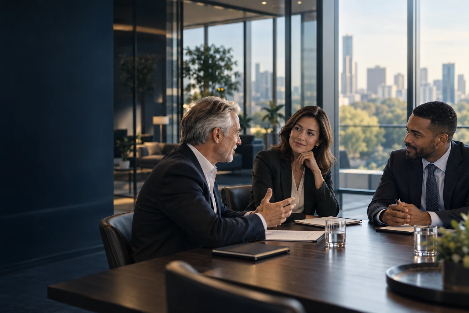 Conceptual executive search conversation in a contemporary office